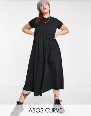ASOS DESIGN Curve midaxi T-shirt smock dress with tie back detaill in washed black | ASOS (Global)