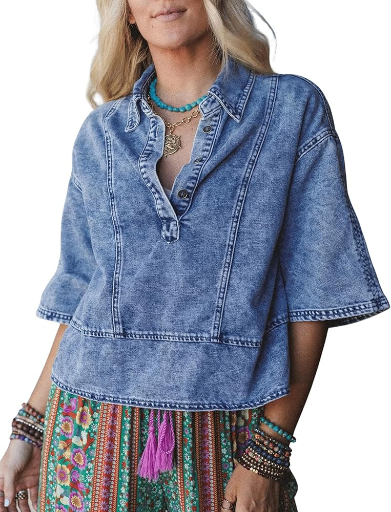 Omoone Denim Top for Women Oversized Cropped 3/4 Sleeve Boho Casual Collared Denim Jean Blouses S... | Amazon (US)