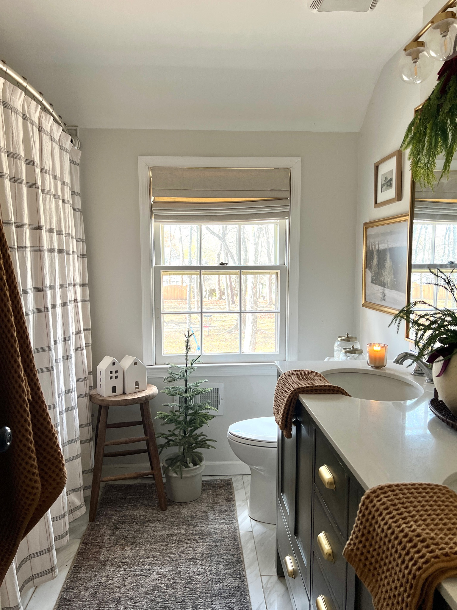 Christmas bathroom views. Norfolk pine, vintage modern, brass and chrome, mixed metal wayfair finds, Amazon home, loloi Billie, small bathroom inspo, cozy bathroom.

#LTKHome #LTKSeasonal #LTKHoliday