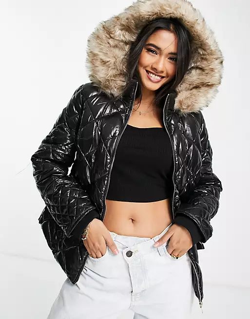 River Island belted patent quilted padded jacket with faux fur hood in black | ASOS (Global)