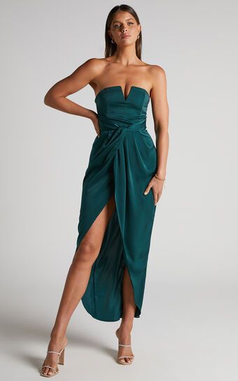 Rhyanna Midi Dress - Twist Front Strapless Dress in Emerald | Showpo (US, UK & Europe)