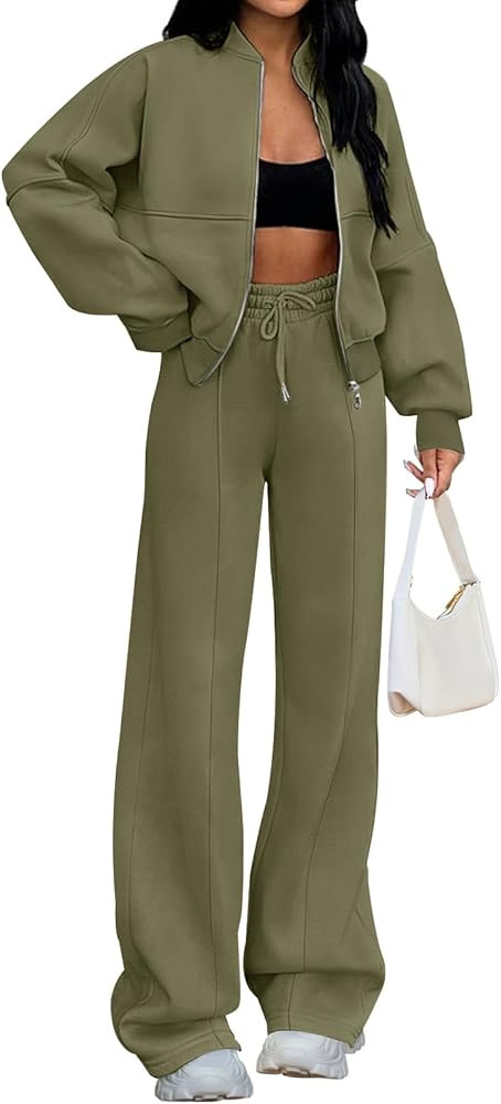 MEROKEETY Women's Fall 2 Piece Sweatsuits Set Long Sleeve Zip Up Sweatshirt Wide Leg Sweatpants L... | Amazon (US)