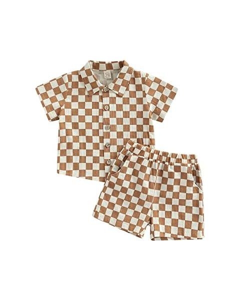 Toddler Baby Boy Short Sleeve Button Down Lapel Shirt Tops Casual Shorts Checkboard Print Summer ... | Amazon (US)