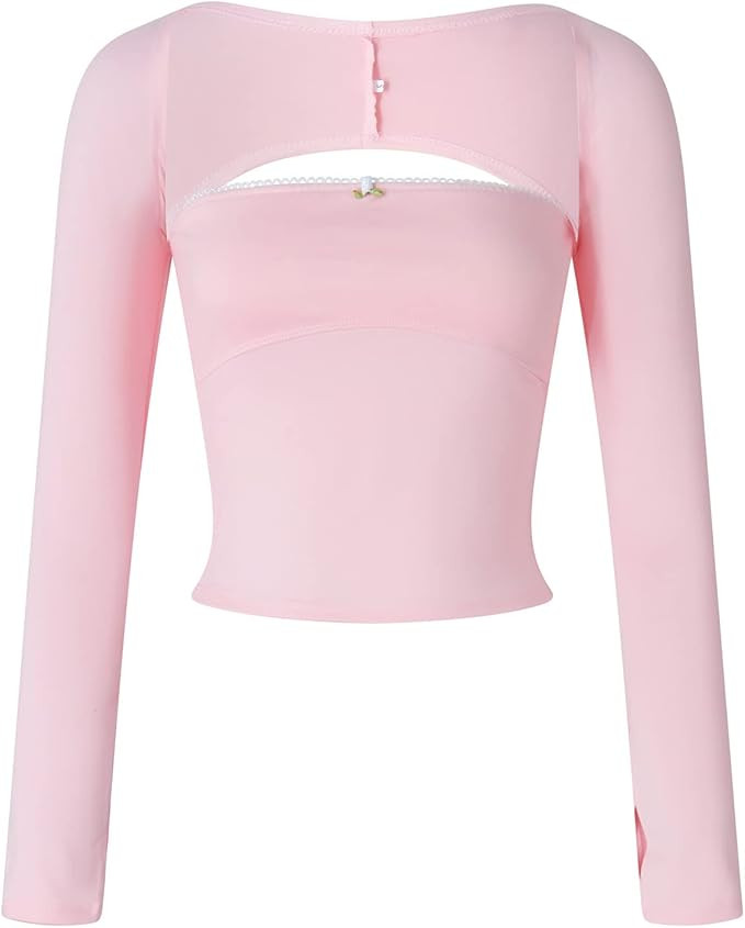 Women Y2k Square Neck T-Shirt Long Sleeve Lace Trim Crop Top Slim Fit Stretchy Blouse Top Aesthet... | Amazon (US)