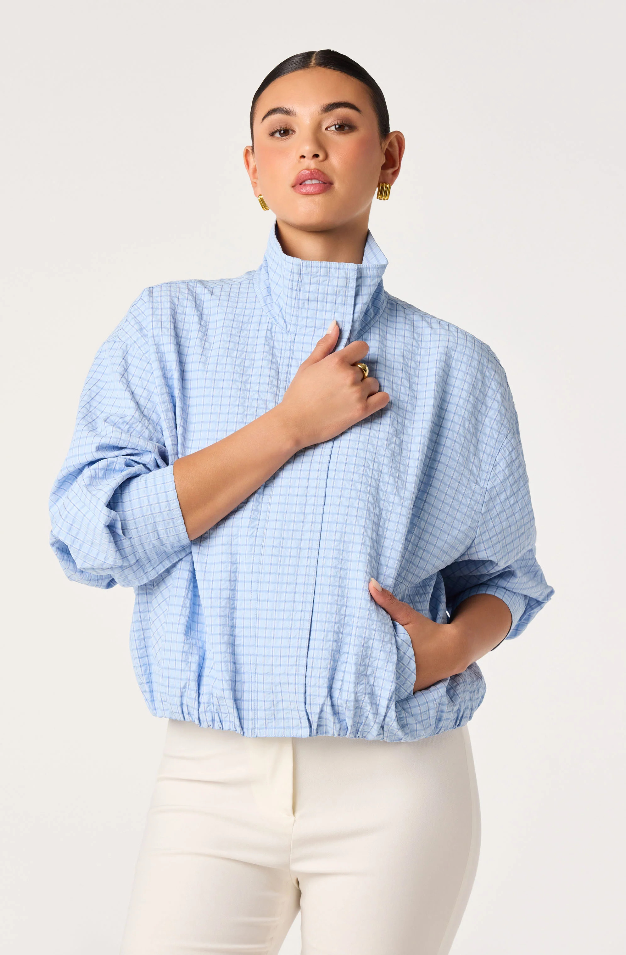 Cooper Funnel Neck Bomber Jacket - Blue plaid / XS | ASTR The Label (US)