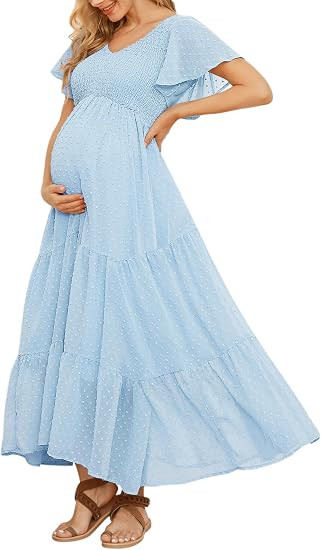Swiss Dot Smocked Maternity Dress for Photoshoot Baby Shower, Flowy V Neck Ruffle Sleeve Empire W... | Amazon (US)