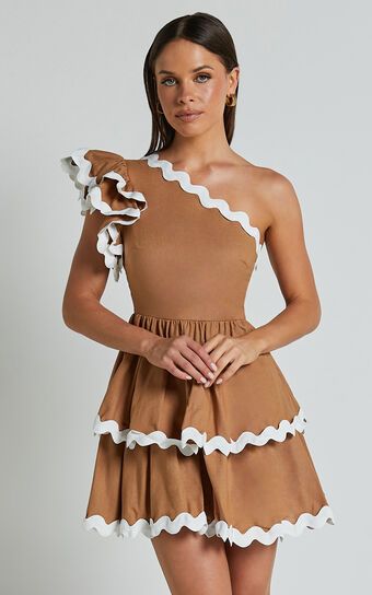 Bette Mini Dress - One Shoulder Ruffle Detail Layered Dress in Tobacco | Showpo (US, UK & Europe)