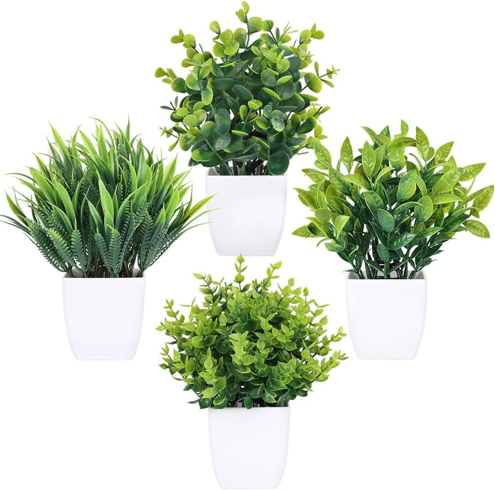 CEWOR 4 Pack Small Fake Plants for Shelf Faux Greenery Potted Plants for Office Desk Mini Eucalyp... | Amazon (US)