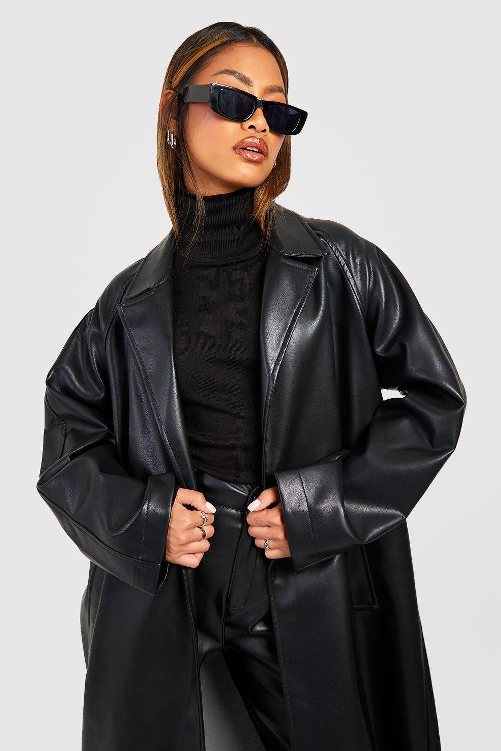 Oversized Faux Leather Belted Trench Coat | boohoo (US & Canada)