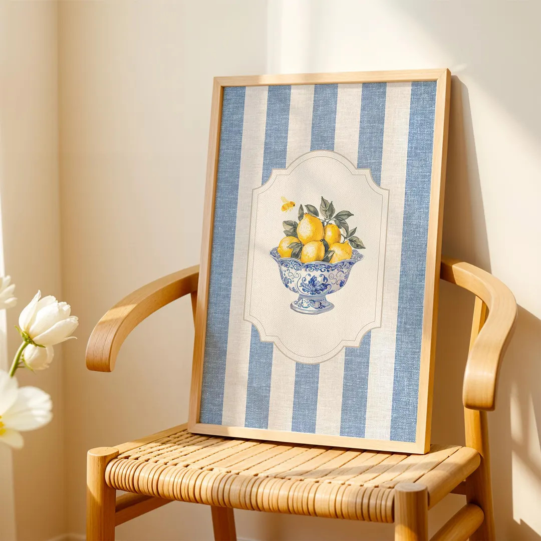 Lemon Chinoiserie Bowl Vintage Wall Art, French Country Farmhouse Kitchen Print, Blue & White Str... | Etsy (US)