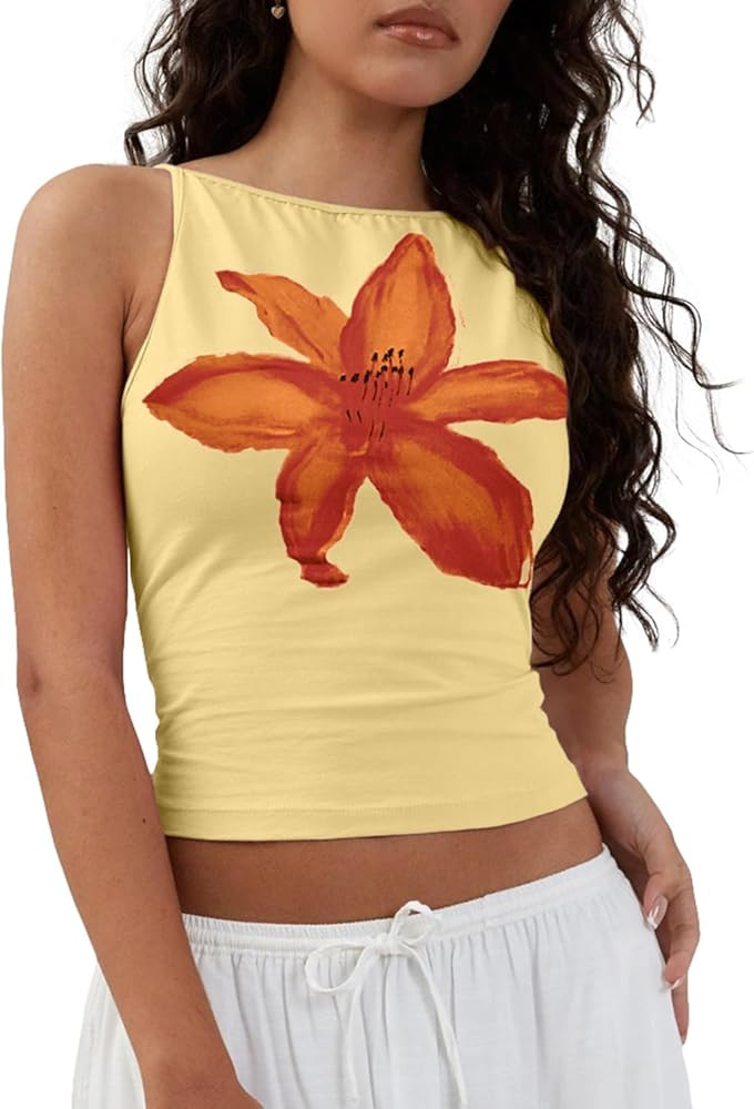 Cioatin Women Cute Yellow Floral Print Crop Tank Tops Sleeveless Slim Fit Cotton Y2K Aesthetic Pr... | Amazon (US)