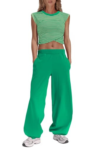 Panadila Womens Striped Lounge Sets 2 Piece Outfits Cropped T Shirts Wide Leg Pants Set Summer Sw... | Amazon (US)