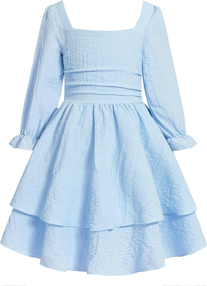 JiAmy Girls Dresses Square Neck Lantern Long Sleeve Ruched Smocked Back Double Layer Ruffle Dress | Amazon (US)