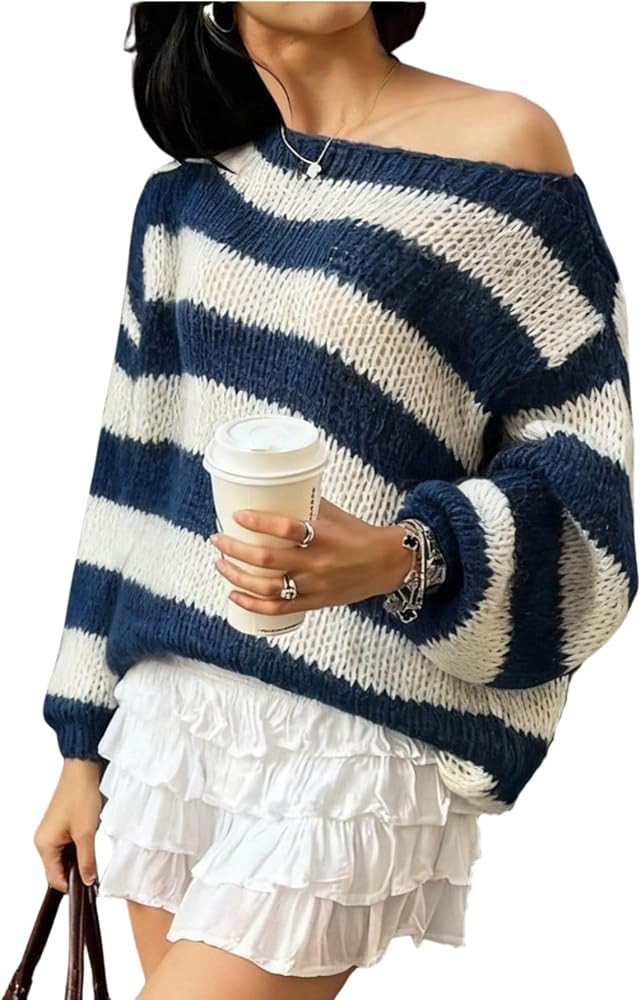Verdusa Women's Off The Shoulder Sweater Striped Sweaters Color Block Long Sleeve Oversized Pullo... | Amazon (US)