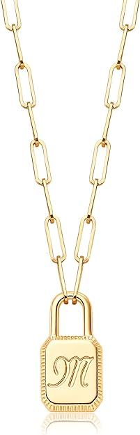 MEVECCO Gold Dainty Initial Necklace Lock Necklace 18K Gold Plated Padlock Necklace with Papercli... | Amazon (US)