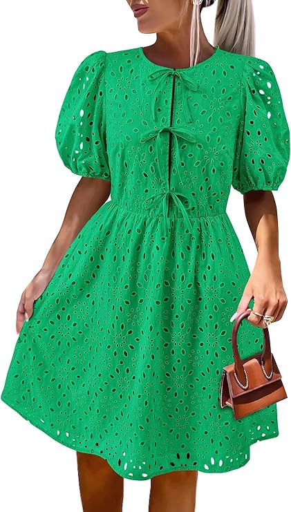 KIRUNDO Eyelet Summer Dresses for Women 2025 Short Sleeve Tie Front Babydoll A Line Wedding Guest... | Amazon (US)