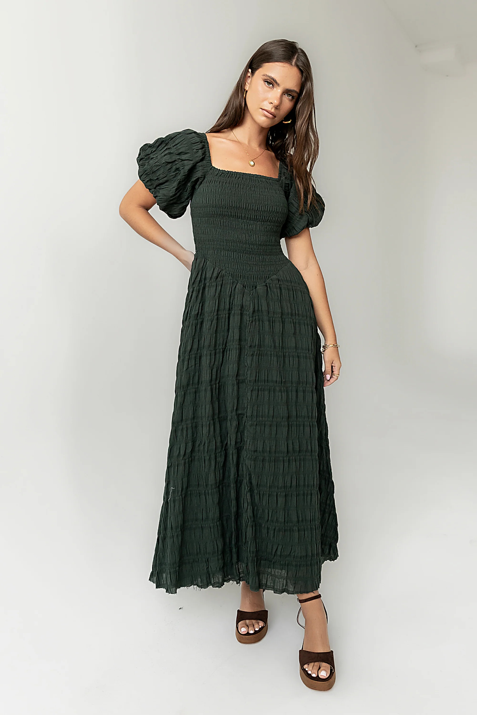 Beckie Smocked Maxi Dress in Green | Böhme US