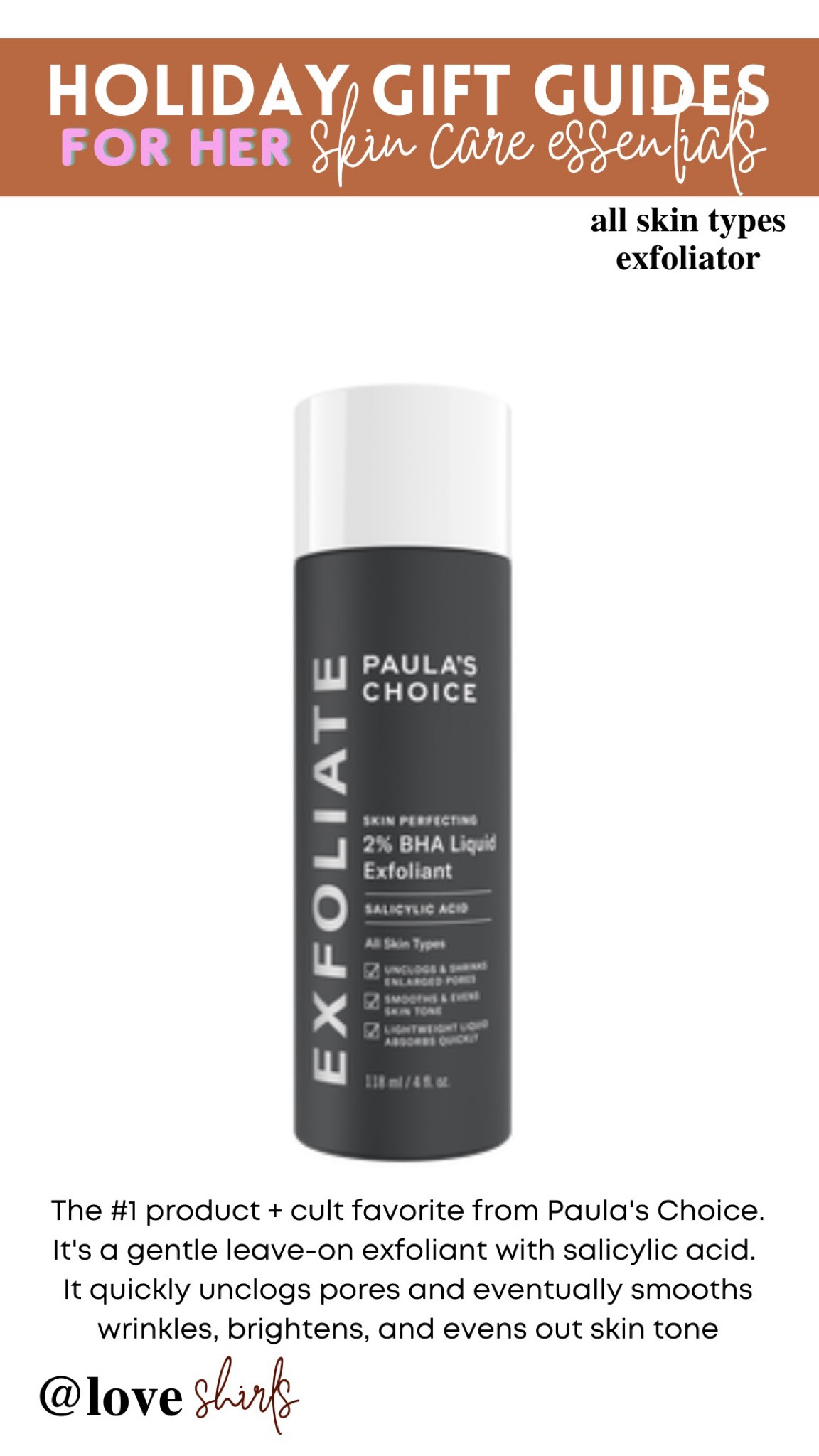 The #1 product + cult favorite from Paula's Choice. It's a gentle leave-on exfoliant with salicylic acid. 
It quickly unclogs pores and eventually smooths wrinkles, brightens, and evens out skin tone

#LTKbeauty #LTKunder50 #LTKsalealert