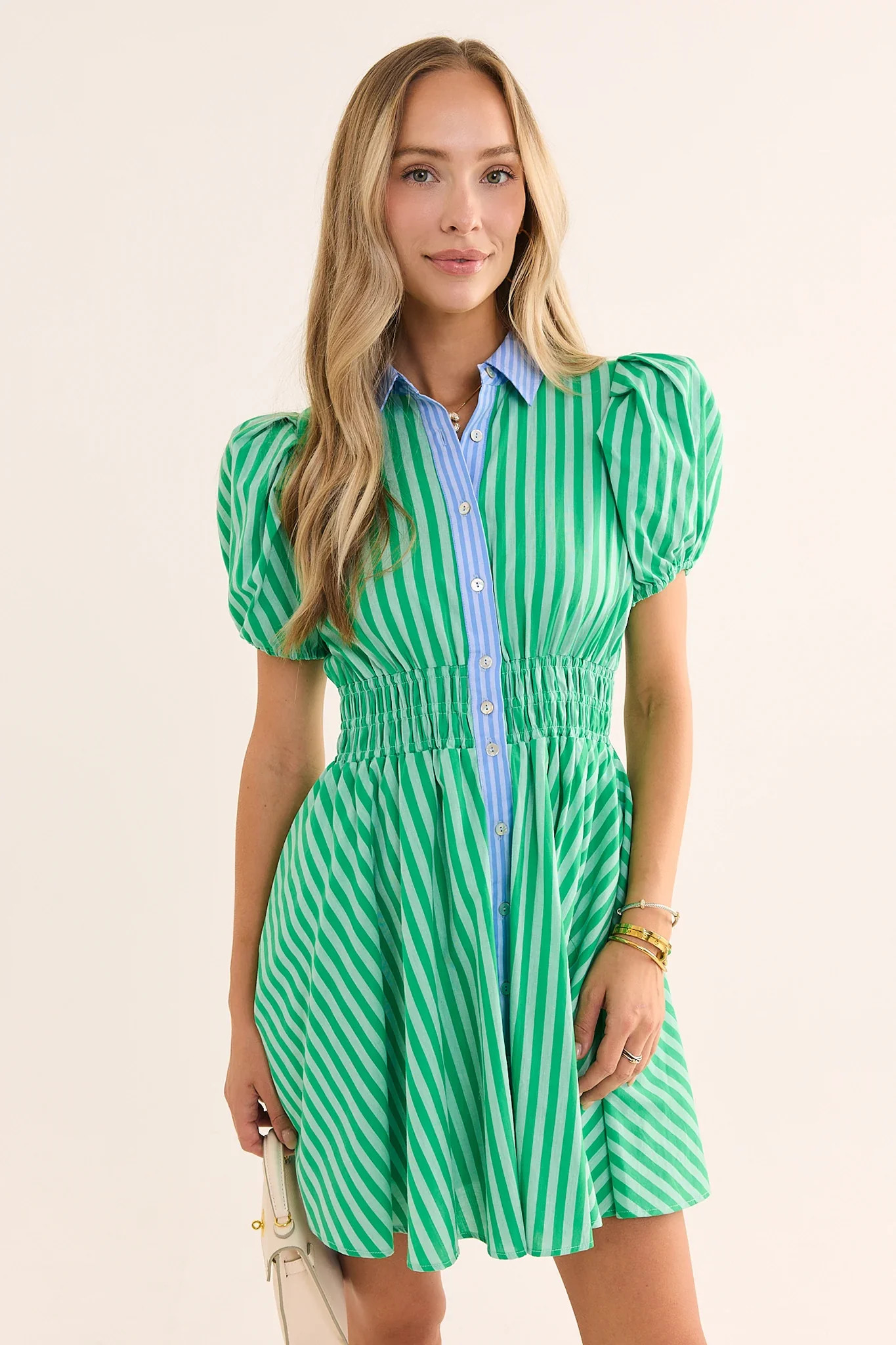 Green Striped Button Up Short Dress | Avara