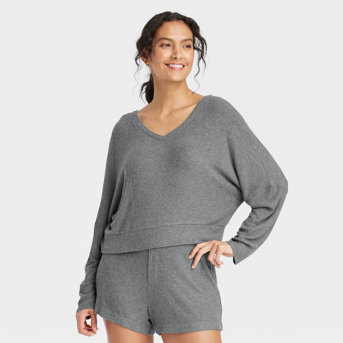 Women's Cozy Ribbed Pullover - Auden™ Dark Gray M: Relaxed Fit, V Neck, Dolman Sleeve | Target