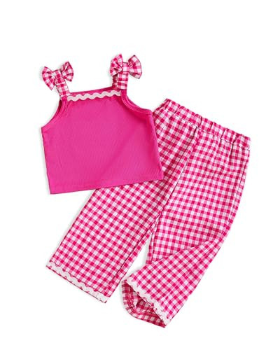 Weebaby Baby Girl Summer Clothes 2 Year Gingham Outfits Sleeveless Ruffle Bow Tank Top Checkered Toddler Elastic Pants Set 18-24 Months Girl Clothing | Amazon (US)