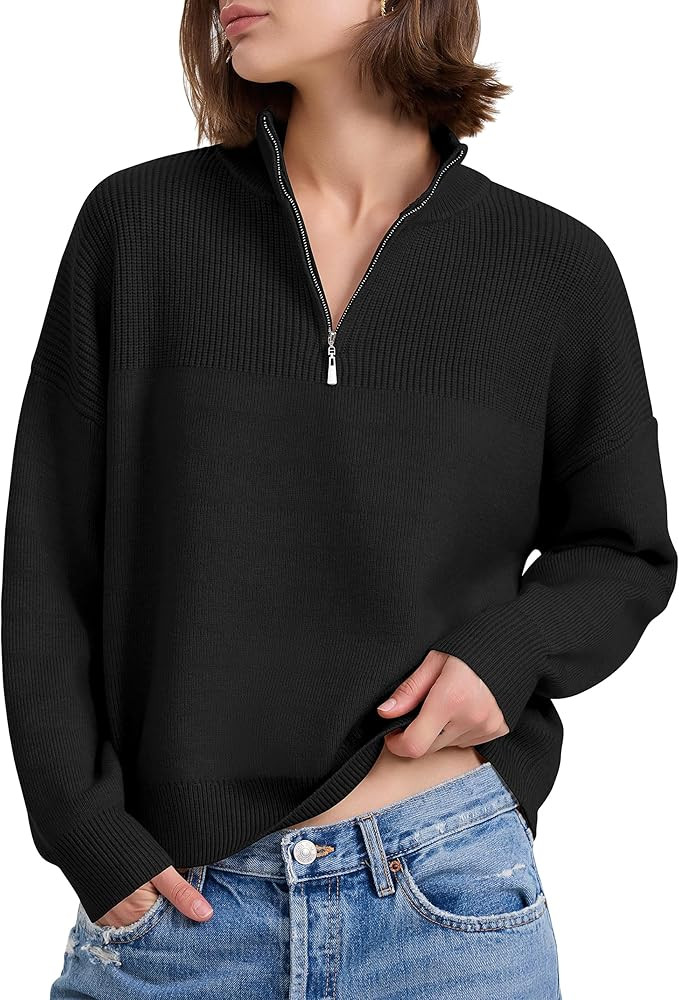 PrettyGuide Women's Long Sleeve Quarter Zip Oversized Pullover Striped Sweater Casual Mock Neck L... | Amazon (US)