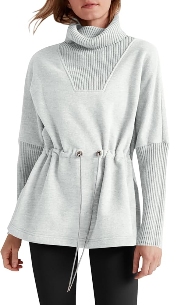 Fisoew Women's Turtleneck Sweatshirts Fleece Drawstring Waist Casual Long Sleeve Pullover Side Sl... | Amazon (US)