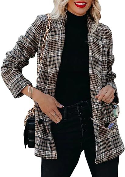 Taodou Women's Casual Blazers Woolen Plaid Blazer Lapel Long Sleeve Button Pocket Jackets Coat | Amazon (US)