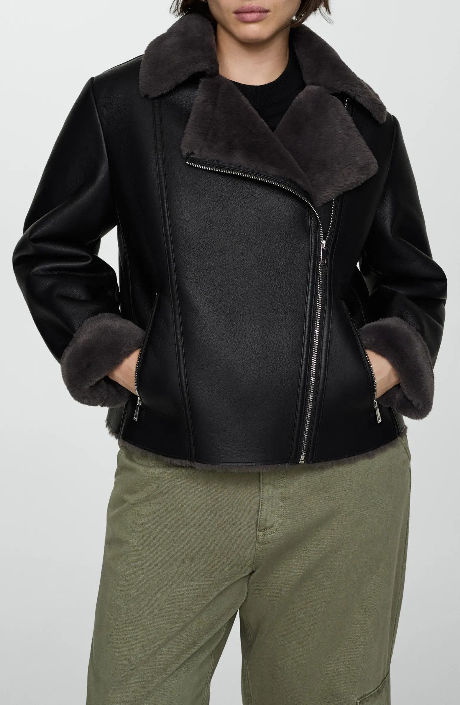MANGO Faux Leather Moto Jacket with Faux Fur Lining | Nordstrom | Nordstrom