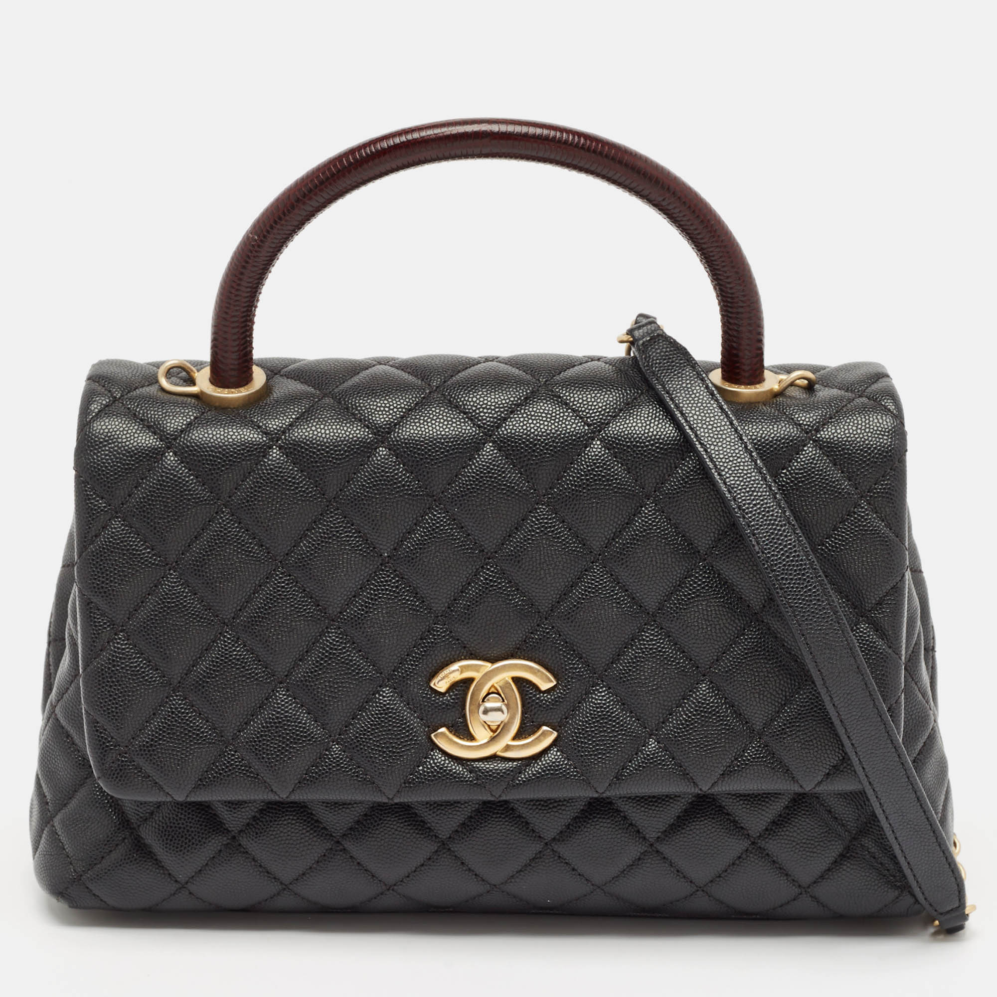 Chanel Black/burgundy Quilted Caviar Leather Medium Coco Top Handle Bag | Shop Simon