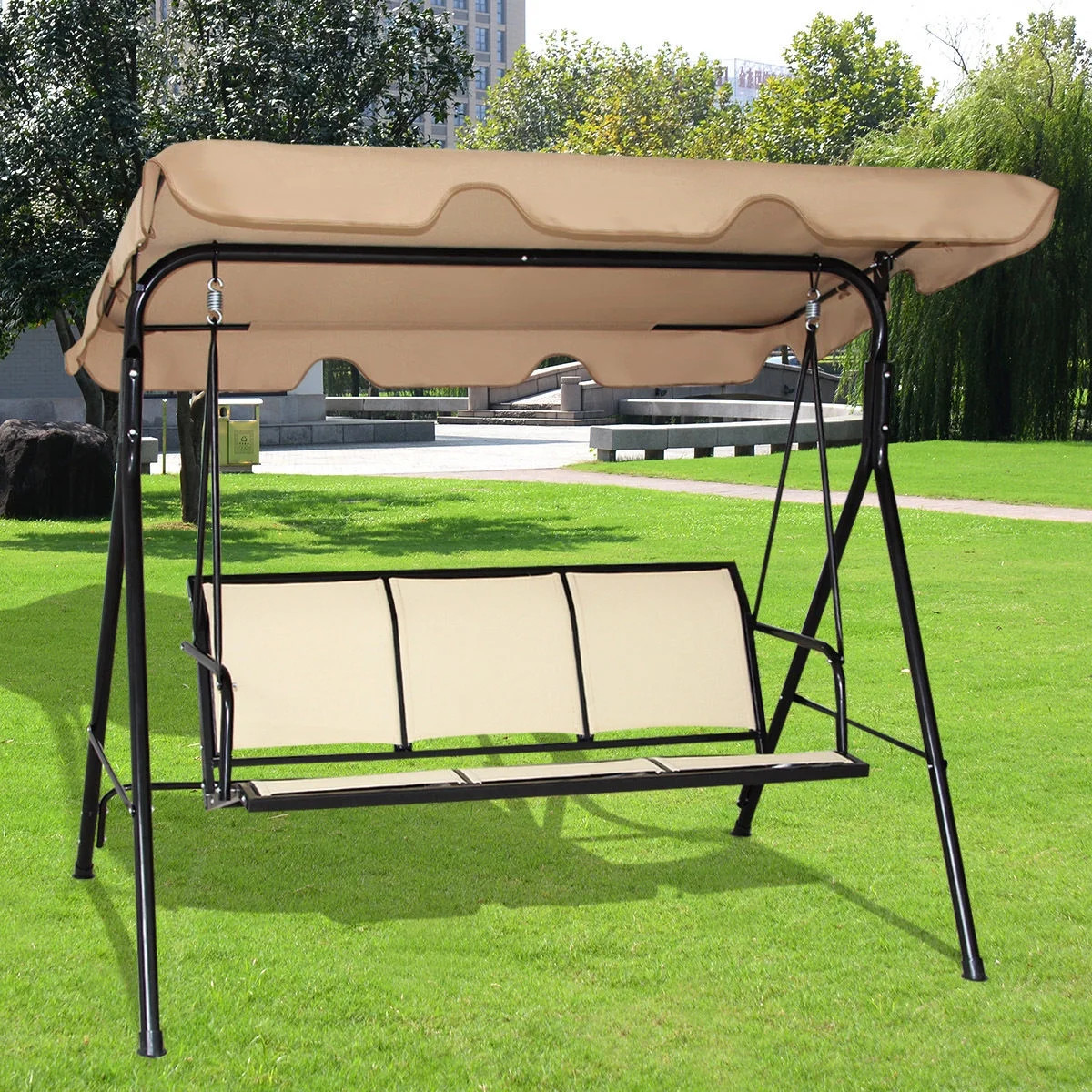 Costway 3 Person Outdoor Patio Swing Canopy Awning Yard Furniture Hammock Steel Beige | Walmart (US)