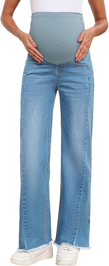 BLENCOT Maternity Jeans for Women Straight Leg Stretchy Denim Ripped Pregnancy Boyfriend Jean | Amazon (US)