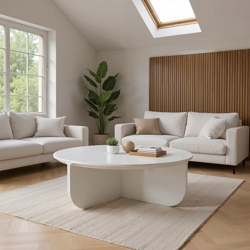 Acanva Modern Round Coffee Table, High Glossy Center Tables for Living Room Home Office Reception, Off White | Amazon (US)