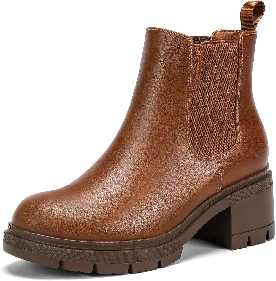 Wide Width Chelsea Ankle Boots for Women 2.6 Inch Low Chunky Block Heel Lug Sole Slip on Elastic ... | Amazon (US)