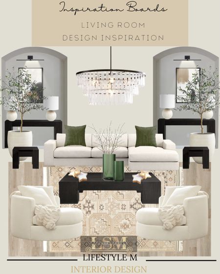 Living room design inspiration. Recreate the look at home. White accent arm chair, black coffee table, black end table, black console table, white table lamp, green vase, faux fake plant, white tree planter, faux fake tree, white sectional sofa, green throw pillow, wall art, led gallery light, living room chandelier, living room beige rug, candle.

#LTKFind #LTKhome #LTKstyletip