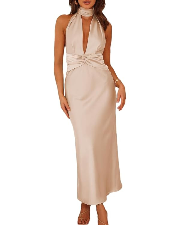 Summer Sexy Satin Backless Halter Maxi Dress for Women Elegant Sleeveless V Neck Twist Wedding Gu... | Amazon (US)