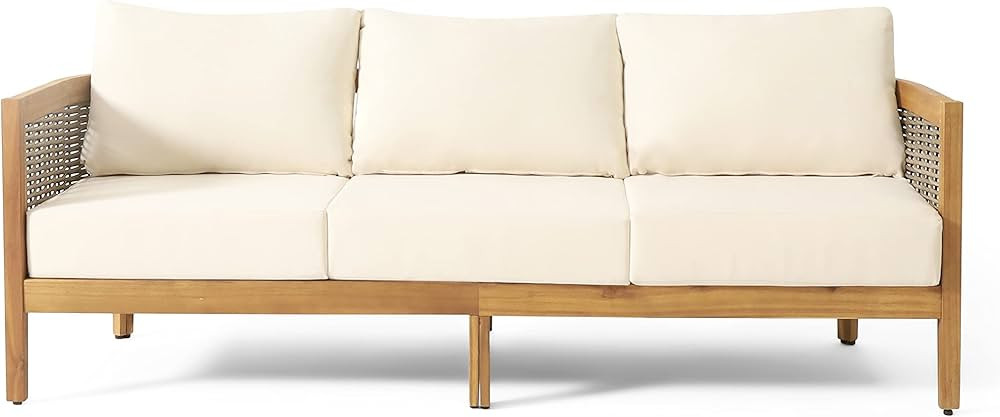 Christopher Knight Home Burchett Outdoor 3 Seater Sofa with Cushions - Acacia Wood and Round Wick... | Amazon (US)