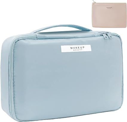 Queboom Travel Makeup Bag Cosmetic Bag Makeup Bag Toiletry bag for women and girls (Blue) | Amazon (US)
