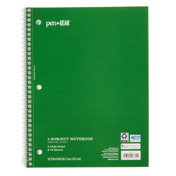Pen+Gear 1-Subject Notebook, Wide Ruled, Green, 70 Sheets - Walmart.com | Walmart (US)