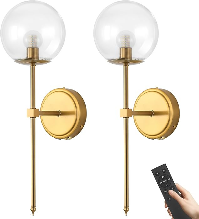 Battery Operated Wall Sconce Set of 2, Gold Rechargeable Wall Lights with Clear Globe Glass Llamp... | Amazon (US)