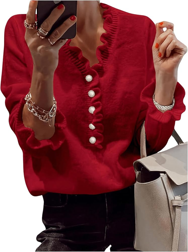 MakeMeChic Women's Long Sleeve Ruffle Sweaters V Neck Lightweight Knitted Pullover Sweater Tops R... | Amazon (US)