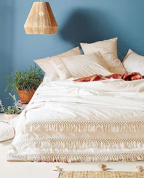 Flber White Cotton Tassel Duvet Cover,Full Queen,86inx90in | Amazon (US)