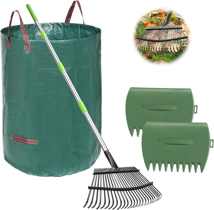 JOYHALO 65 Inch Rake for Leaves, 25 Tines Metal Leaf Rake Set with 32 Gallon Leaf Bags Scoops, Ga... | Amazon (US)