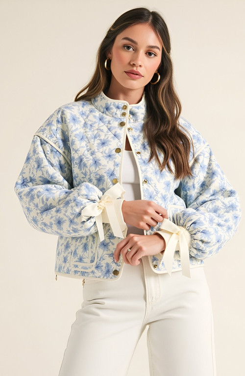 Modenaire Floral Quilted Jacket with Puff Sleeves and Satin Bow Cuffs in Ivory/blue Floral at Nordstrom, Size Large | Nordstrom