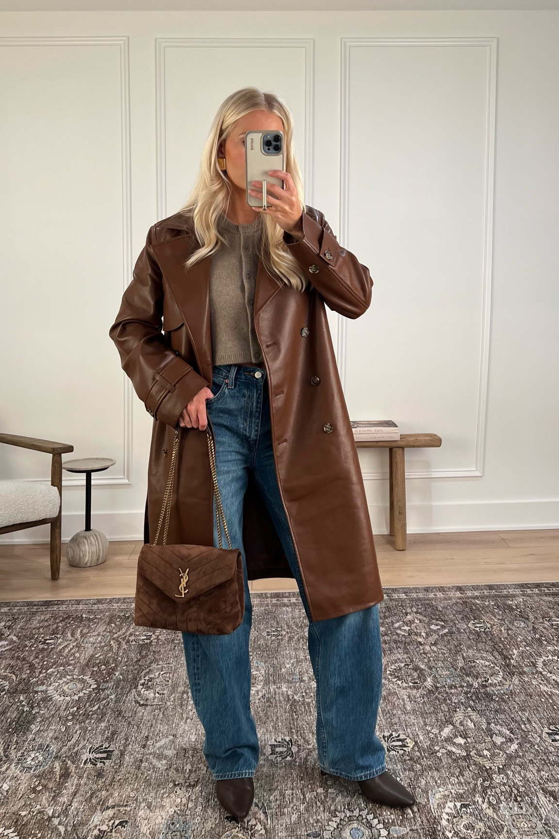 Thanksgiving Outfit! Size small in jacket (color: cognac) and cardigan (color: heather nomad taupe), size 27 in jeans (color: 5 yrs kiss & tell no), linking similar boots! 

 #KathleenPost #ThanksgivingOutfit #HolidayOutfit 

#LTKStyleTip #LTKSeasonal