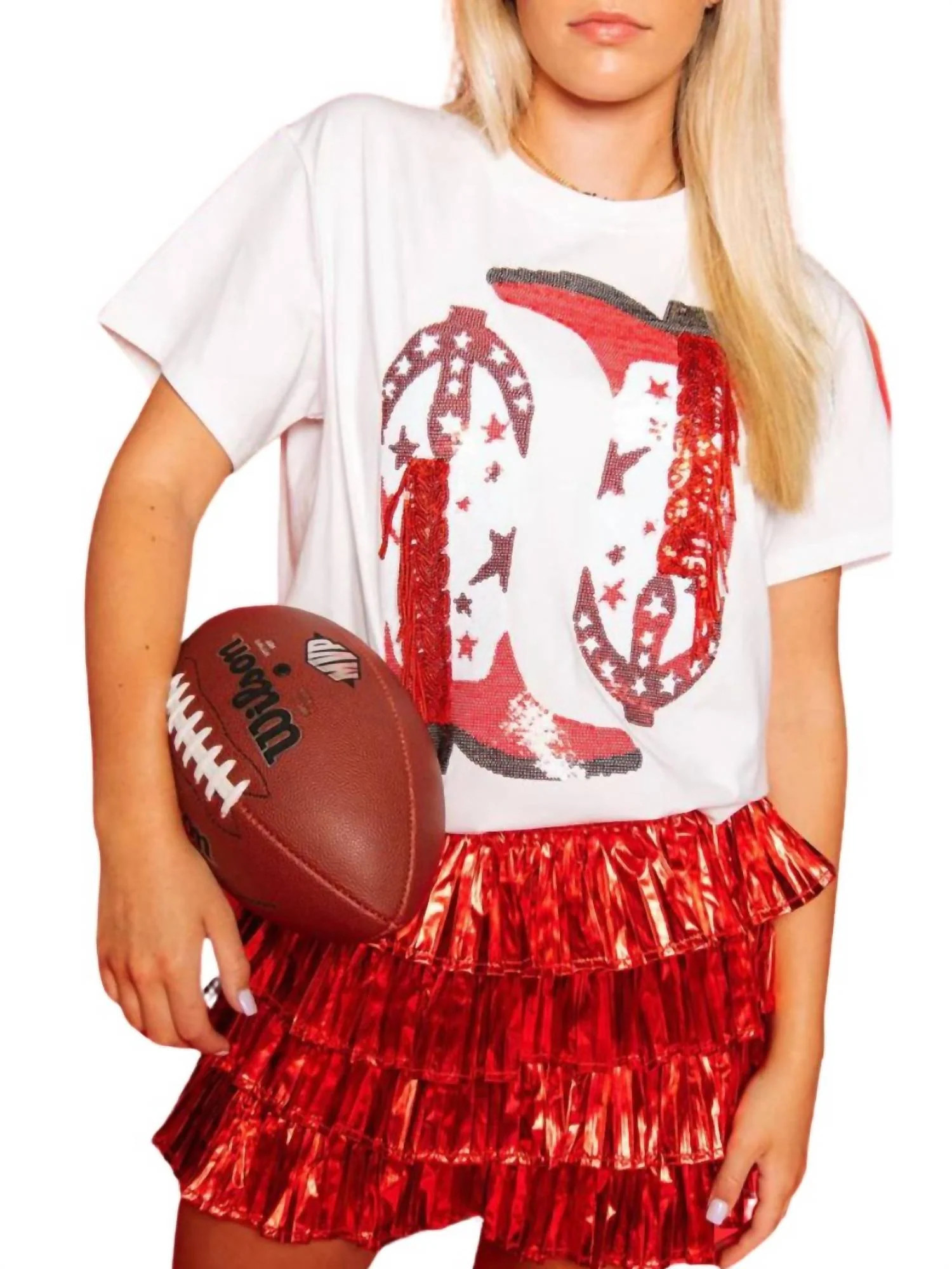 Fringe Boot Tee Top In Red & White | Shop Simon