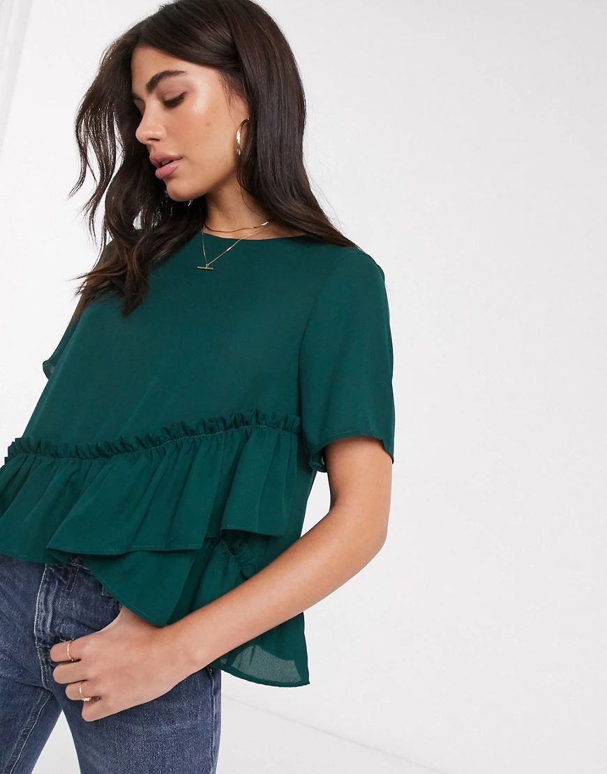 ASOS DESIGN woven t-shirt with ruffle hem-Green | ASOS (Global)