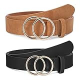 2 Pack Women Leather Belts Faux Leather Jeans Belt with Double O Ring Buckle (Black & Khaki, L) | Amazon (US)