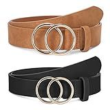 2 Pack Women Leather Belts Faux Leather Jeans Belt with Double O Ring Buckle (Black & Khaki, L) | Amazon (US)