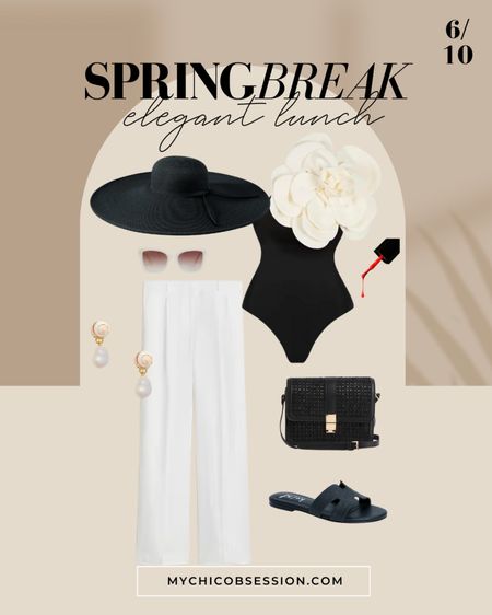 Planning your spring break outfits? I’ve got some resort wear outfit ideas for you! This has elegant lunch written all over it 😎 white linen pants, black and white swimsuit, straw hat, sandals, and pearly shell dangly earrings 

#LTKtravel #LTKswim